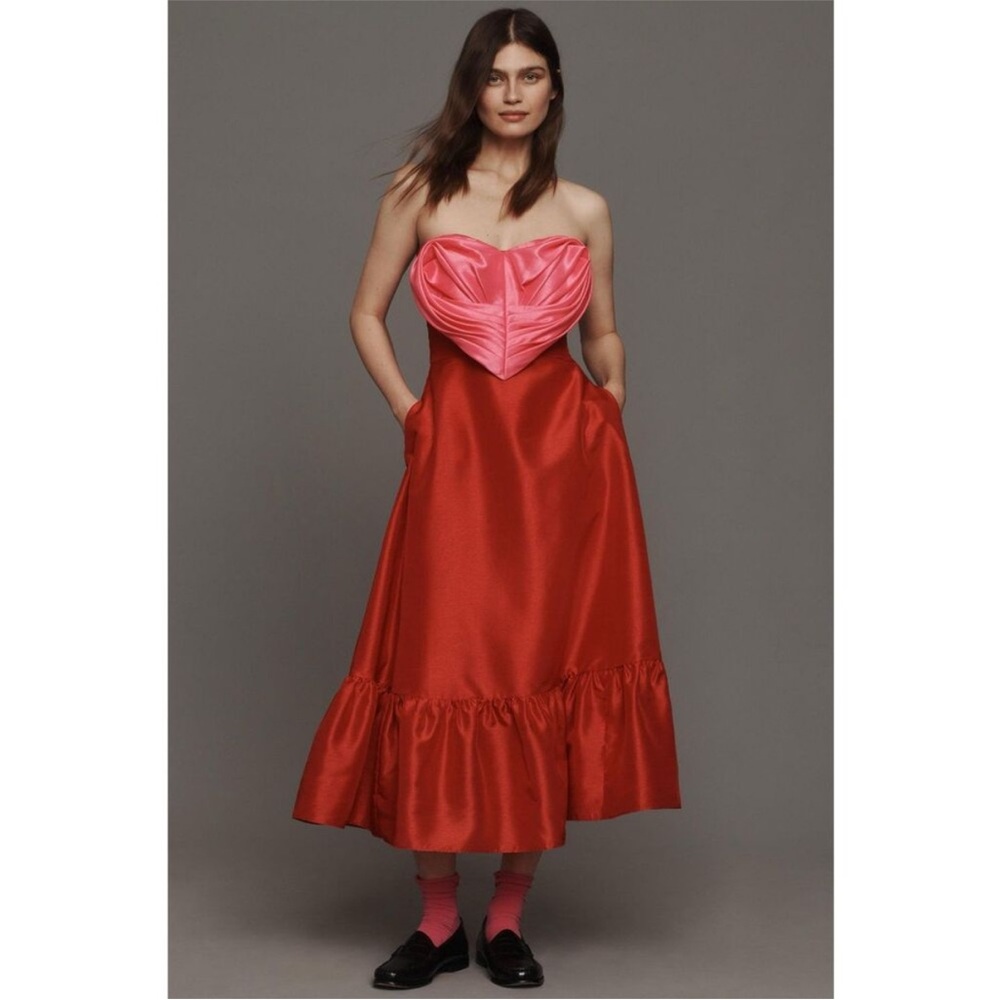 NWT Anthropologie Pink/Red Hutch Strapless Heart Maxi Dress - US 2P